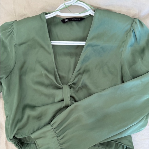 Zara Olive Satin Bow Blouse - Picture 2 of 4